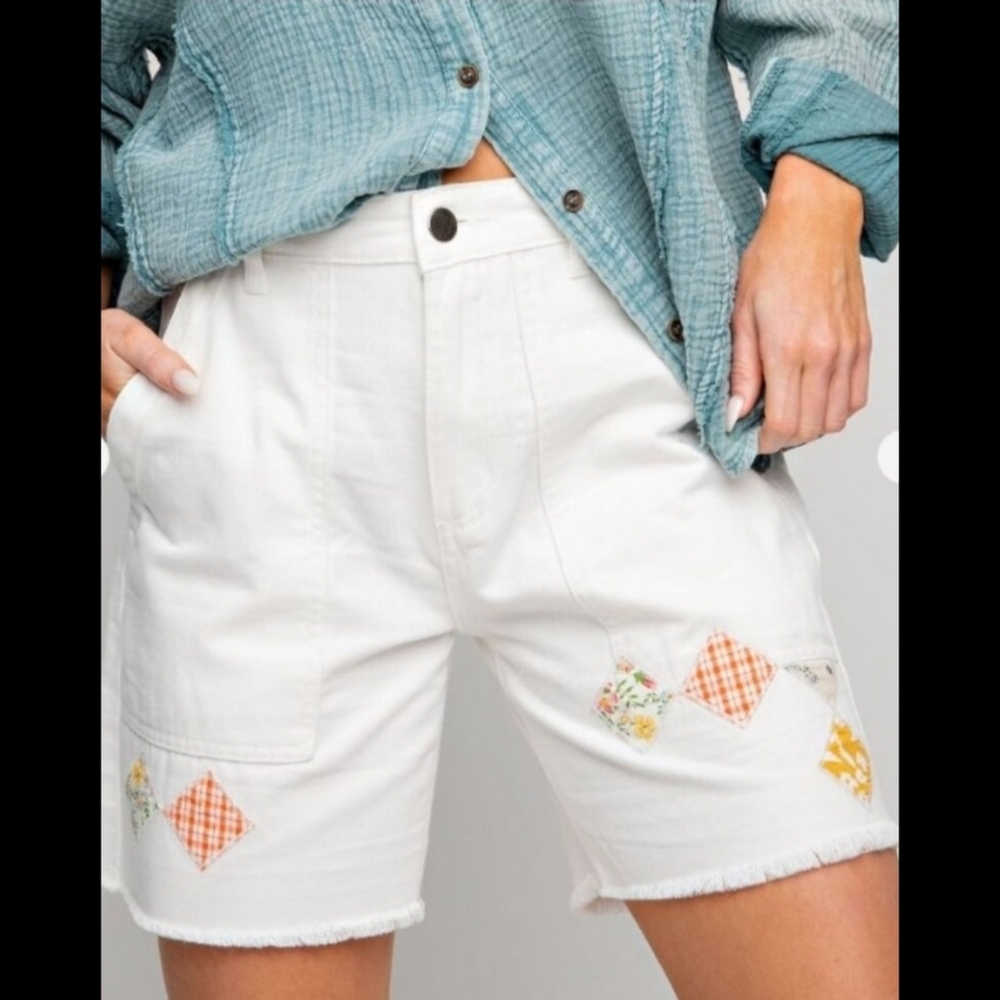 Easel White Denim Patchwork Raw Edge Shorts